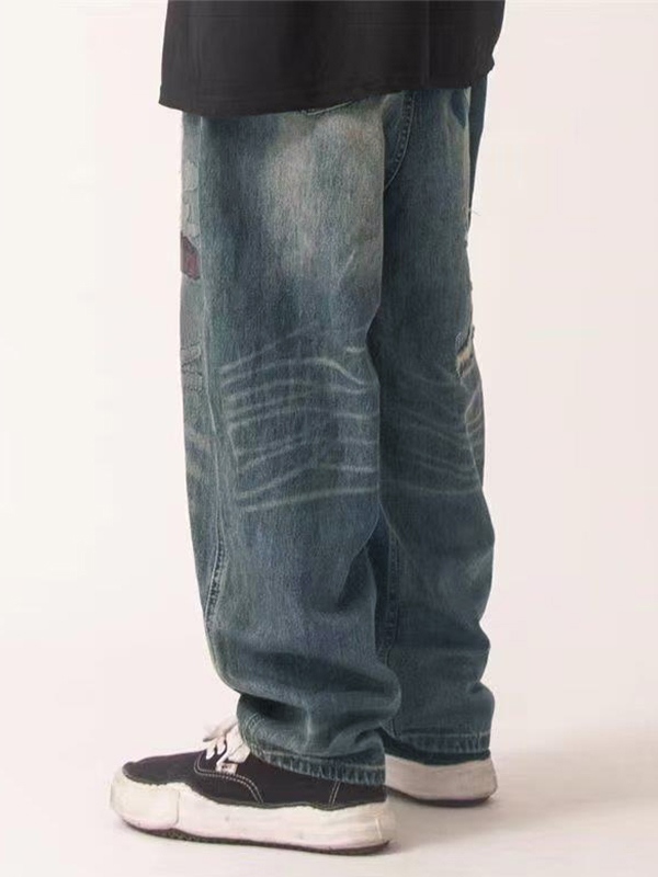 Men's Distressed Various Patch Decor Loose Jeans-2