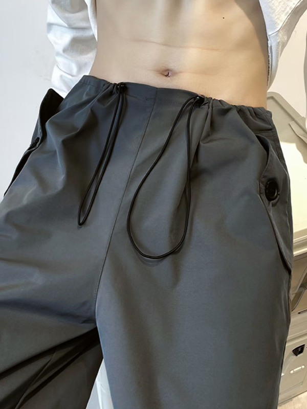 Men's Vintage Drawstring Lace Up Parachute Cargo Pants-3