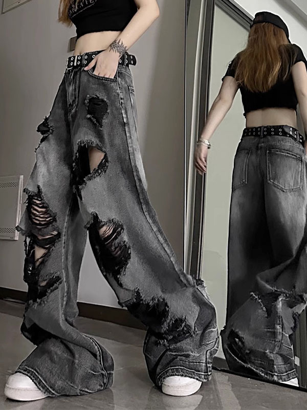 Washed Black Ripped Boyfriend Jeans-2