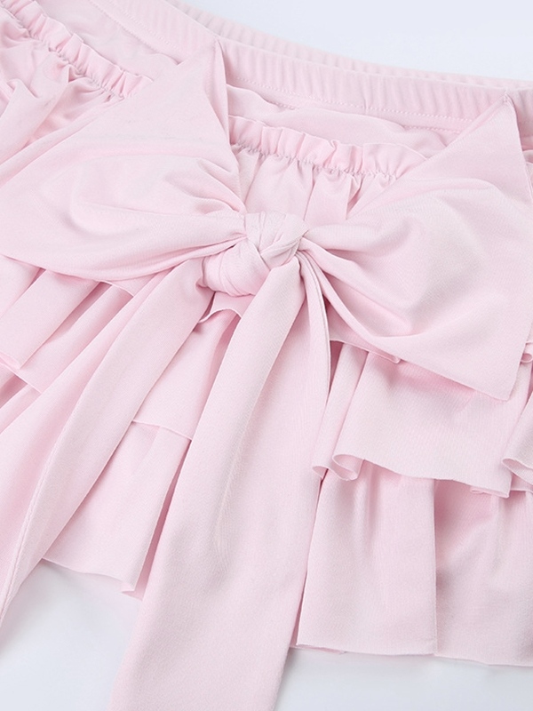 Solid Bow Splice Low Rise Tiered Mini Skirt-6