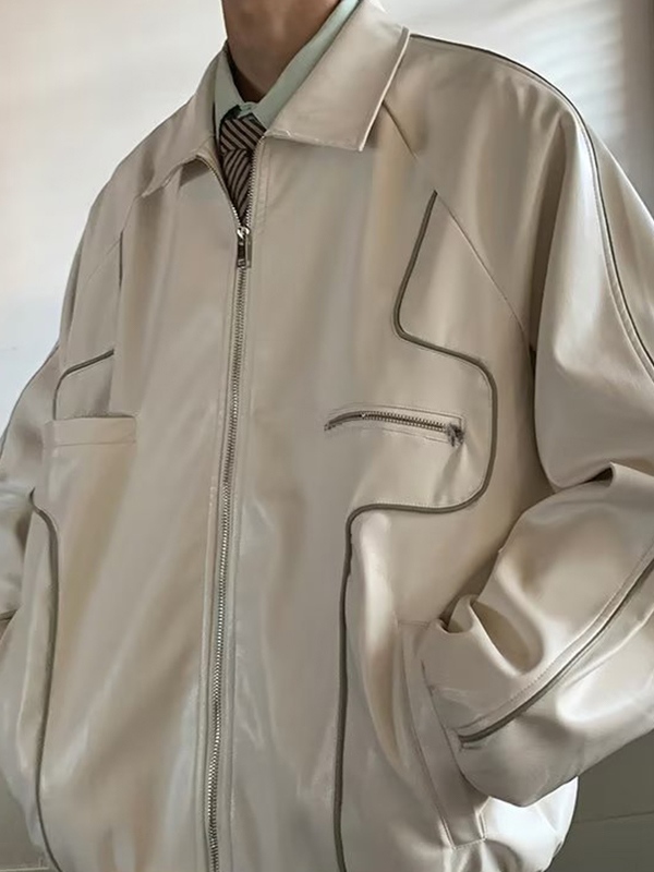 Piping Detail Zip Up Faux Leather Jacket-2