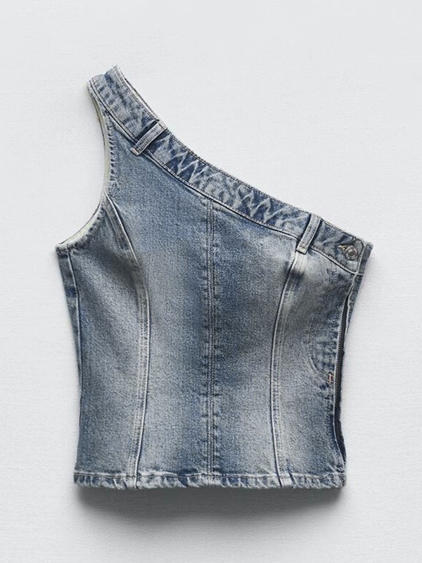 Vintage Denim One Shoulder Slim Bandeau Top-3