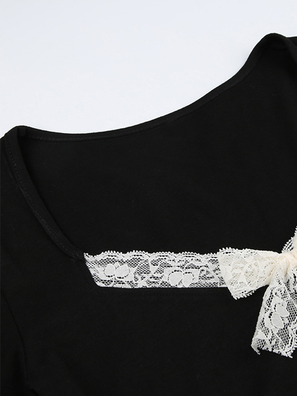 Lace Trim Bow Splice V Neck Long Sleeve Tee-3